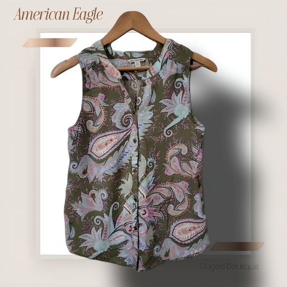 🌿American Eagle Outfitters Women's XS Sleeve Button Down Paisley Blouse - Picture 3 of 12